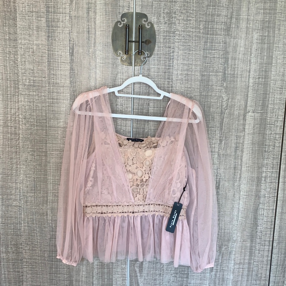 Haute Monde Sheer Mesh Crochet Peplum Top